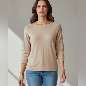 Calvin Klein - 3/4 Sleeve Studded Top Tan Med